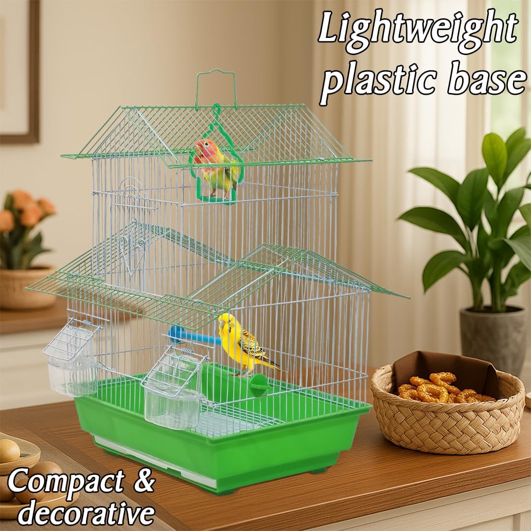 Small bird cage with Carry Handle, Perches, Hanging Toy, Pull-out tray and Feeding Cups, 49 cm Travel cage for Small birds, Indoor-Outdoor use, Easy to clean (Green)