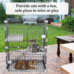 NNC PETS Cat Cage Kennel with 2-lockable Doors - 2-Tiier Metal Wire Pet Cat House Playpen for Indoor Cats - Cozy Hammock, Climbing Ladder, Drawer Tray & Universal Wheels, Easy Assembly (Grey, 88 cm)
