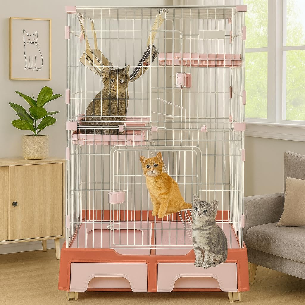 Cat Cage Playpen for Multi-Cat Household, 3-Tier Cat Cage with Cozy Hammock, Wide Platform, Climbing Ladder, Build-in Litter Box & Universal wheels, Ideal for Indoor/Outdoor Use 133 cm (Pink)