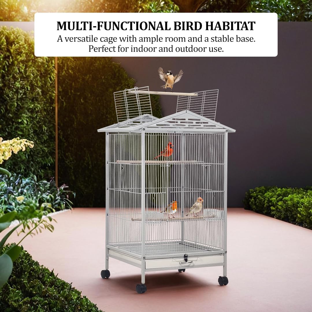Bird Cage - Bird House & Villa - Parrot Cage for Small to Medium-Sized Birds – 87 cm Durable Metal Birdcage with Wooden Standing Perch, Feeding Cups, Slide-Out Tray, and Universal Wheels