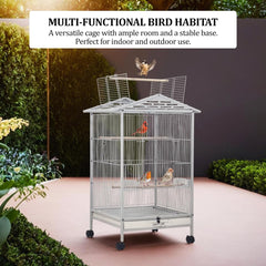 Bird Cage - Bird House & Villa - Parrot Cage for Small to Medium-Sized Birds – 87 cm Durable Metal Birdcage with Wooden Standing Perch, Feeding Cups, Slide-Out Tray, and Universal Wheels