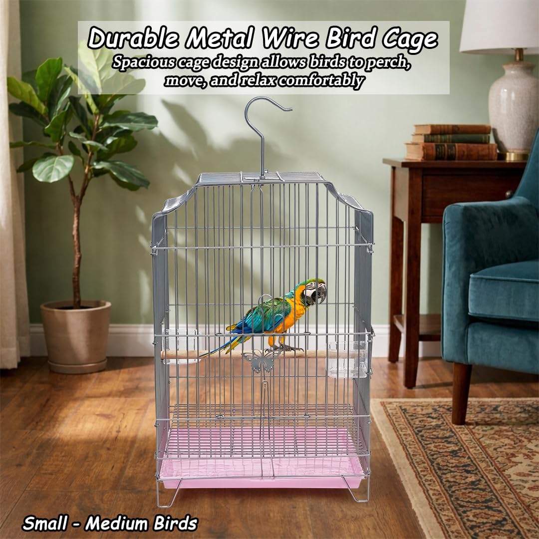 Heavy-Duty Bird Cage with Hanging Hook, Durable Metal Wire, Portable, 54 cm Parrot Cage with Perch, Feeding Cups, and Removable Tray, Indoor Bird House for Cockatiels and Small Birds, Silver