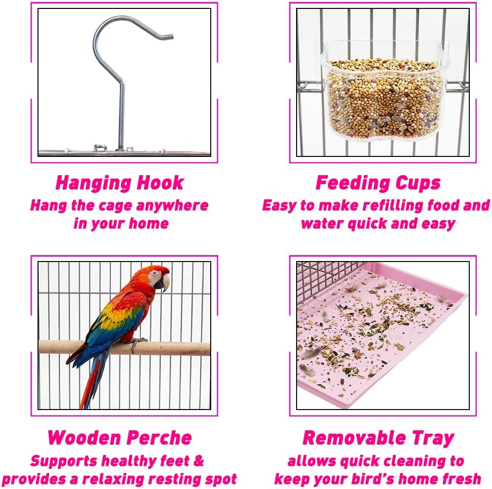 Heavy-Duty Bird Cage with Hanging Hook, Durable Metal Wire, Portable, 54 cm Parrot Cage with Perch, Feeding Cups, and Removable Tray, Indoor Bird House for Cockatiels and Small Birds, Silver