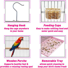 Heavy-Duty Bird Cage with Hanging Hook, Durable Metal Wire, Portable, 54 cm Parrot Cage with Perch, Feeding Cups, and Removable Tray, Indoor Bird House for Cockatiels and Small Birds, Silver