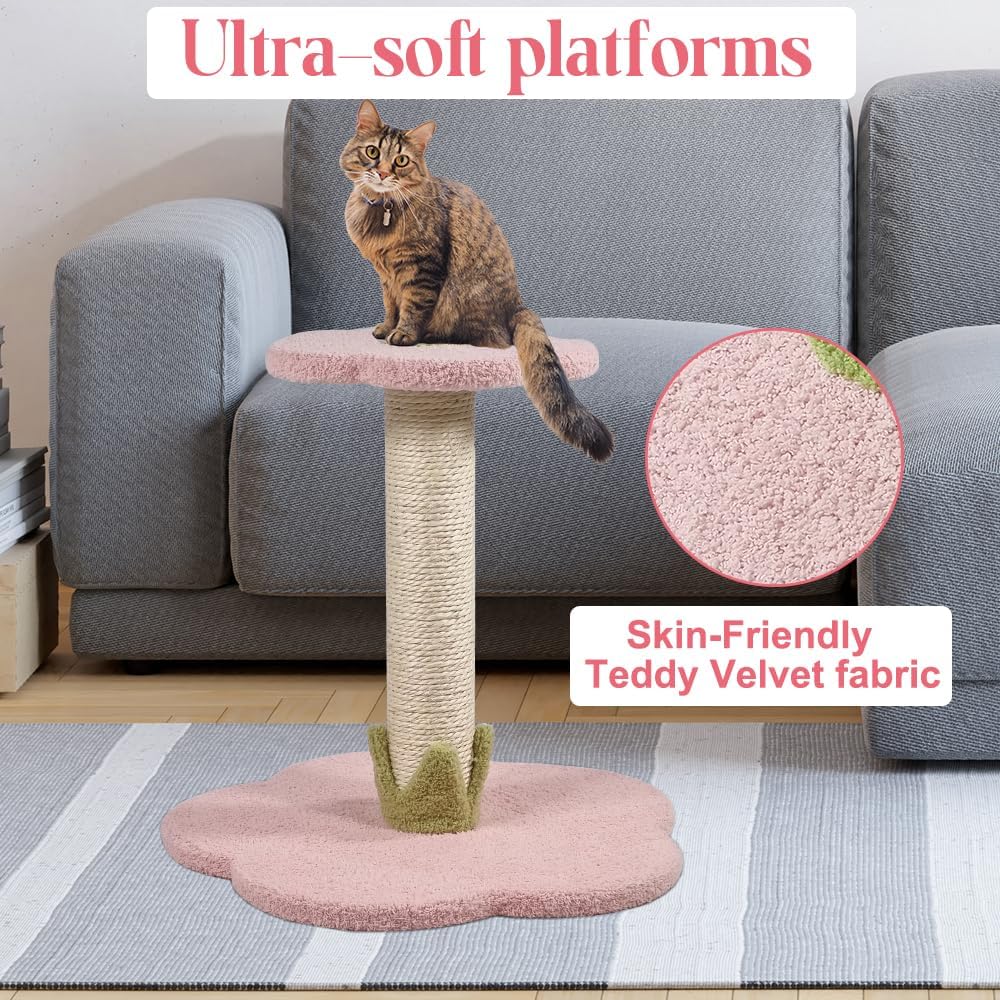 Cat tree scratcher for small cats & kittens, Cat tree activity center with Flower design perch, Natural sisal scratching post, and Sturdy wooden base, Ideal for indoor use, Easy assembly 36 cm (Pink)
