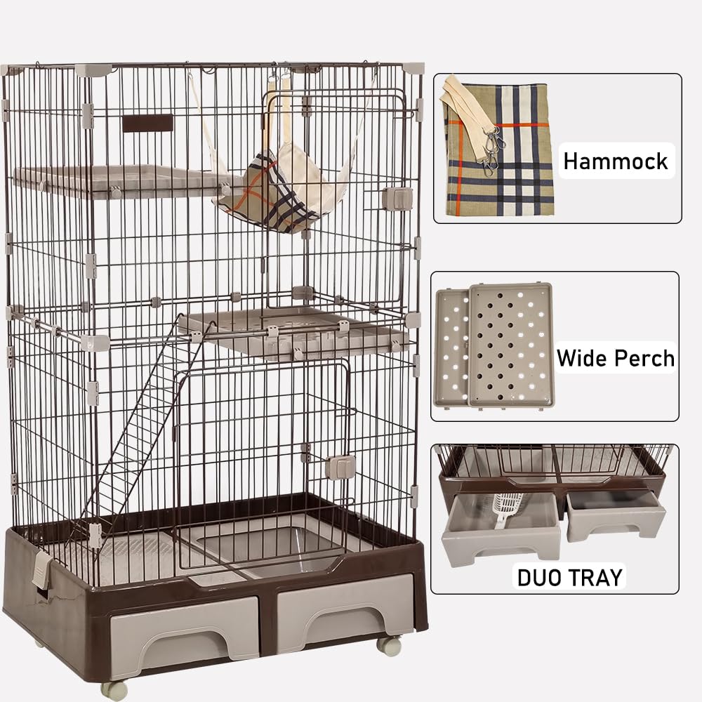 Cat cage playpen for Multi-cat household, 3-tier cat cage with Cozy hammock, Wide platform, Climbing ladder, Build-in litter box, and Universal wheels, Ideal for indoor/outdoor use 133 cm (Chocolate)