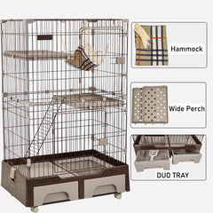 Cat cage playpen for Multi-cat household, 3-tier cat cage with Cozy hammock, Wide platform, Climbing ladder, Build-in litter box, and Universal wheels, Ideal for indoor/outdoor use 133 cm (Chocolate)