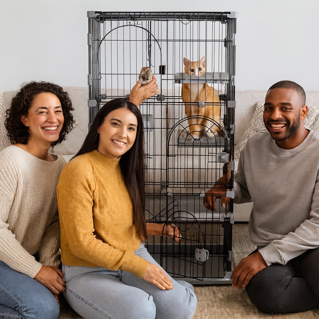 NNC PETS Cat Cage Playpen Kennel - 3-layer Metal Wire Crate for Multi-Cat Households - 3-Lockable Door, Wide Platforms - 132cm Pet Cage with Ladder & Leak-Proof Base (Grey, Large)