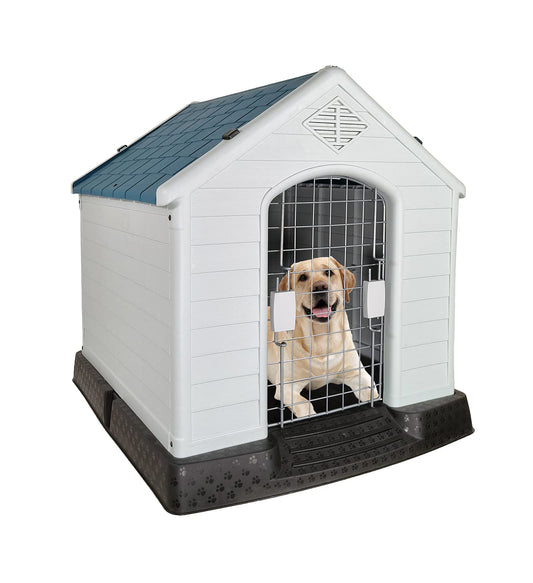 Plastic dog house with Durable PP material, Ventilation holes, Lockable door, and Raised floor, Water-proof pet shelter for small to medium breeds, Indoor/Outdoor use, Easy assembly, 70 cm (Grey)