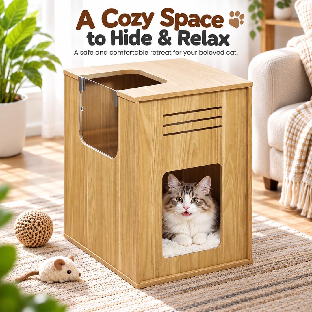Wooden Cat Tree House with Sisal Scratching Panel, Soft Cushion, Clear Acrylic Door and Ventilation Slots, Indoor Cat Condo, 50 cm, (Beige)