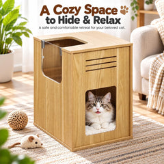 Wooden Cat Tree House with Sisal Scratching Panel, Soft Cushion, Clear Acrylic Door and Ventilation Slots, Indoor Cat Condo, 50 cm, (Beige)