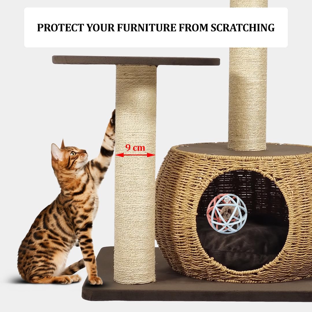 Cat Tree with Double Perches - 86cm Cat Tower House with Toy - Cat Condos & Comfortable Resting Area - Natural Sisal Scratching Post - Suitable for Indoor Cats & Kittens (Brown)