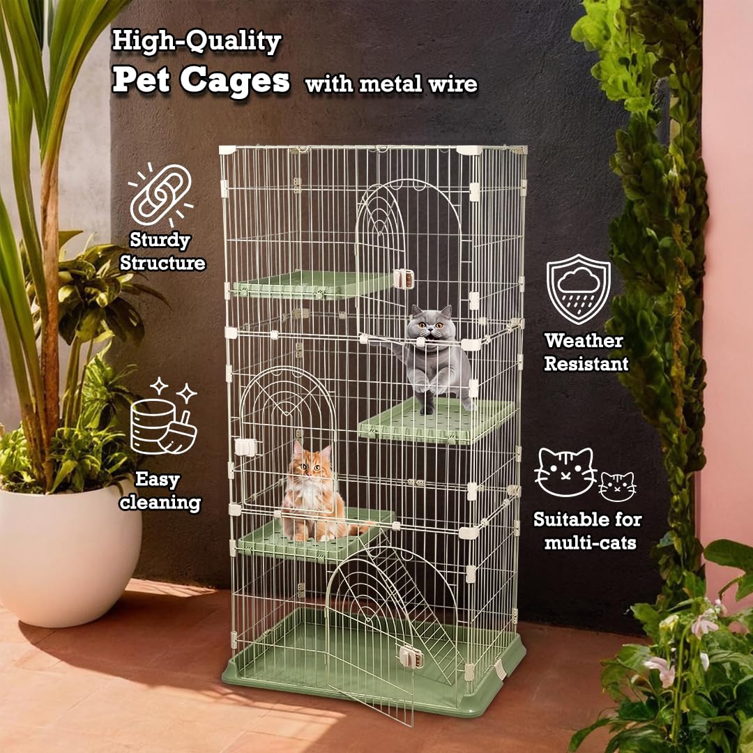NNC PETS 3-Tier Cat Cage Playpen Kennel with Metal Wire - 162cm Large Cat Crate House - 3-lockable Doors, Wide Platforms, Climbing Ladder & Leak-Proof Base - Easy to Assemble (Green, Large)