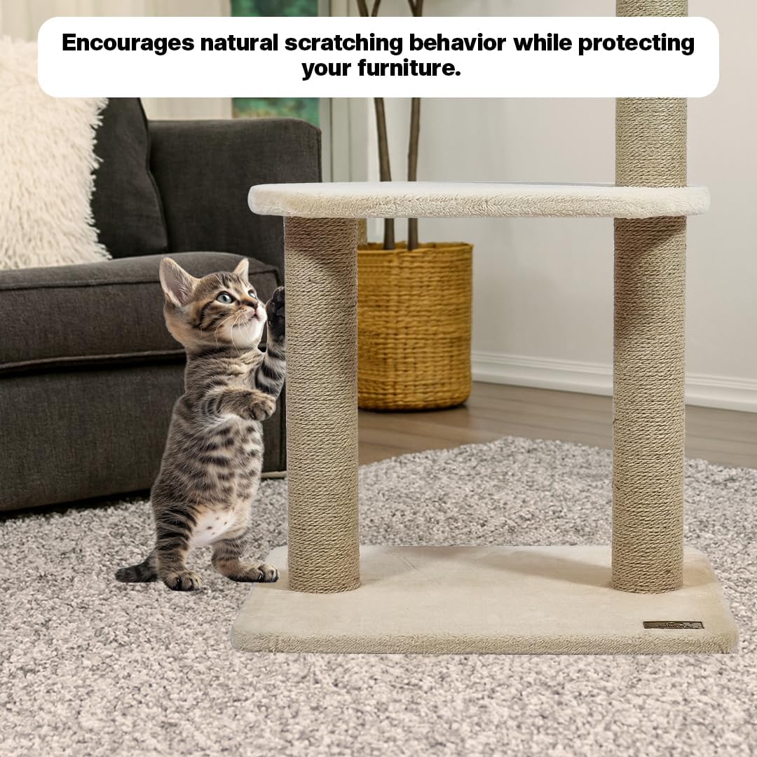 2-Tier Cat tree tower with Handwoven seagrass basket perch, Cozy Condo, and Sisal Scratching Posts, Modern Cat Furniture for Indoor Cats & Kittens, Multi-Level Activity Center