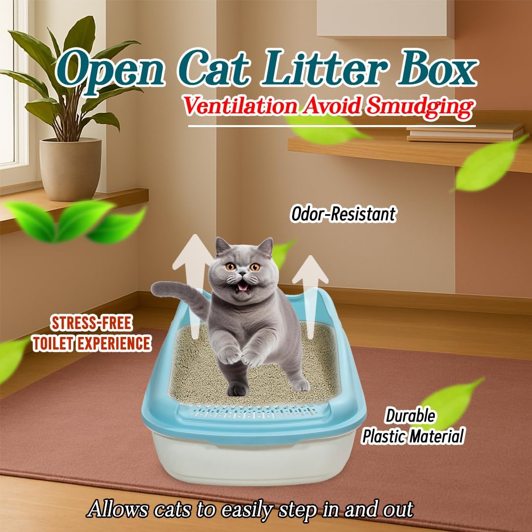 Anti-splash cat litter box with Enclosed design, Easy to clean, Durable plastic material and Removable, Cat Litter Pan with Scoop, Portable, Large size, High fence, and All size cats