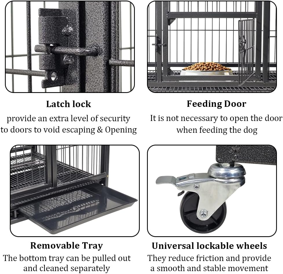 Large Dog Cage Indoor & Outdoor Use - 110 cm Heavy Metal Dog Crate with Lockable Door, Feeding Door, Removable Tray & Universal Wheels - Sturdy Metal Pet Cage (Black, Large)