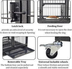 Large Dog Cage Indoor & Outdoor Use - 110 cm Heavy Metal Dog Crate with Lockable Door, Feeding Door, Removable Tray & Universal Wheels - Sturdy Metal Pet Cage (Black, Large)