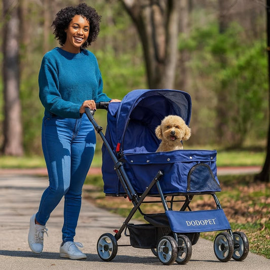 Pet Stroller for Cats and Dogs | Lightweight & Foldable | Dog Stroller with Adjustable Canopy & Spacious Interior | Storage Bag and Universal Wheels | Travel & Outdoor Cat Stroller (Dark Blue)