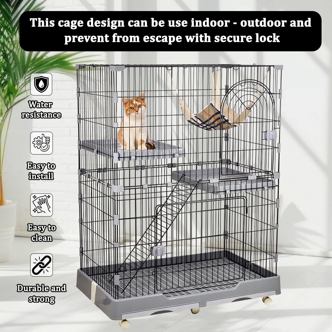 Cat cage with Wide platforms, Cozy hammock, Climbing ladder, Slide-out tray, and Universal wheels, 2-layer metal wire cat cage for Multi-cat households, Ideal for indoor/outdoor 132 cm (Grey)