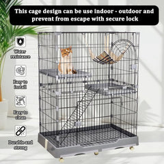 Cat cage with Wide platforms, Cozy hammock, Climbing ladder, Slide-out tray, and Universal wheels, 2-layer metal wire cat cage for Multi-cat households, Ideal for indoor/outdoor 132 cm (Grey)