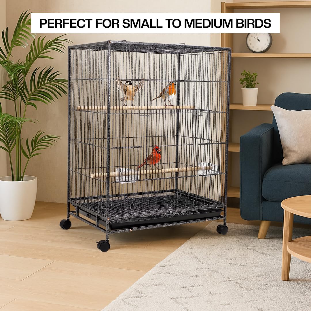Bird cage for Small to Medium birds, Wrought iron bird cage with Open-top design, Feeding cups, Wooden Perches, Slide-out tray, and Universal wheels, Ideal for Indoor/Outdoor use, 85 cm (Black)