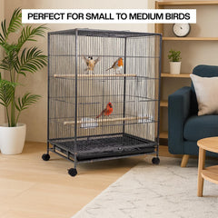 Bird cage for Small to Medium birds, Wrought iron bird cage with Open-top design, Feeding cups, Wooden Perches, Slide-out tray, and Universal wheels, Ideal for Indoor/Outdoor use, 85 cm (Black)