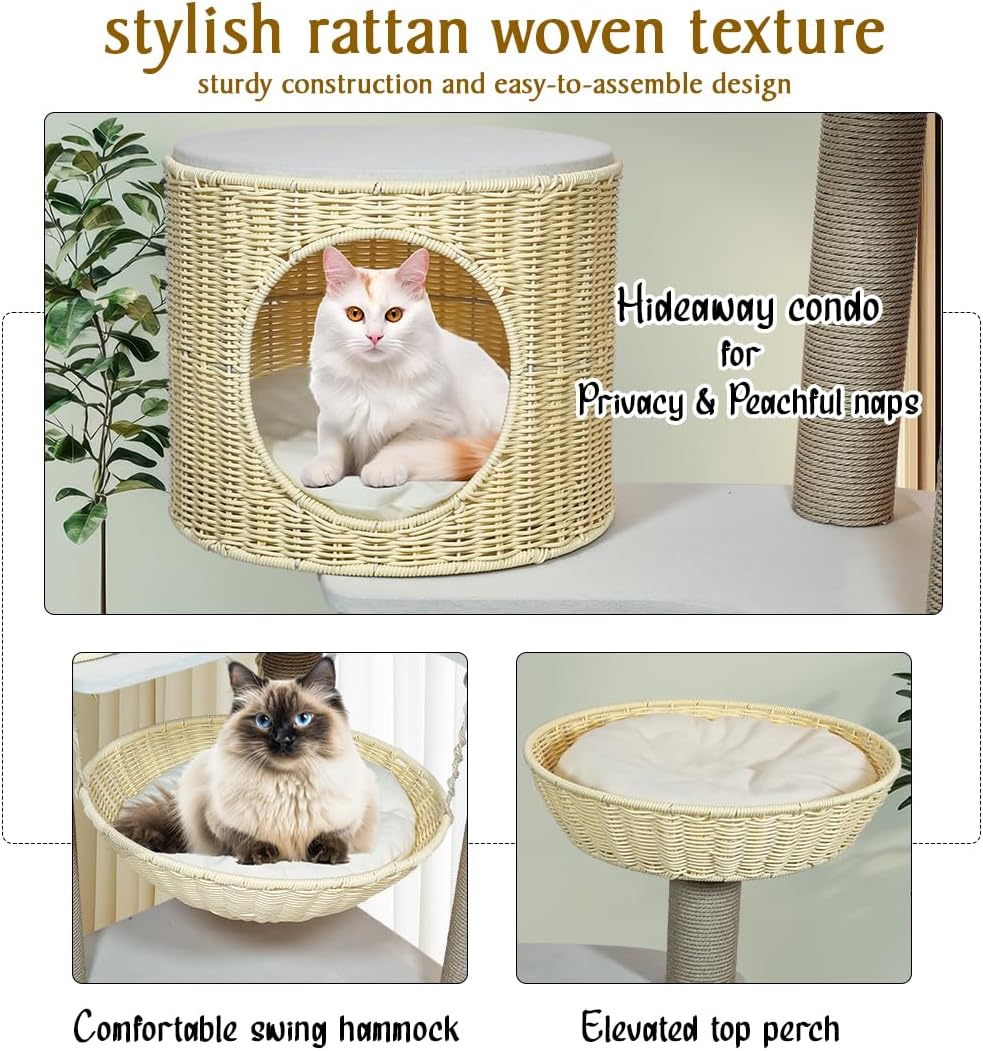 Cat tree with woven baskets, Scratching posts, Swing Hammock & Dangling balls, 148 cm Multi-level cat furniture for all cats, Large cat tower with Soft cushion, Large platforms & Condo (Beige)