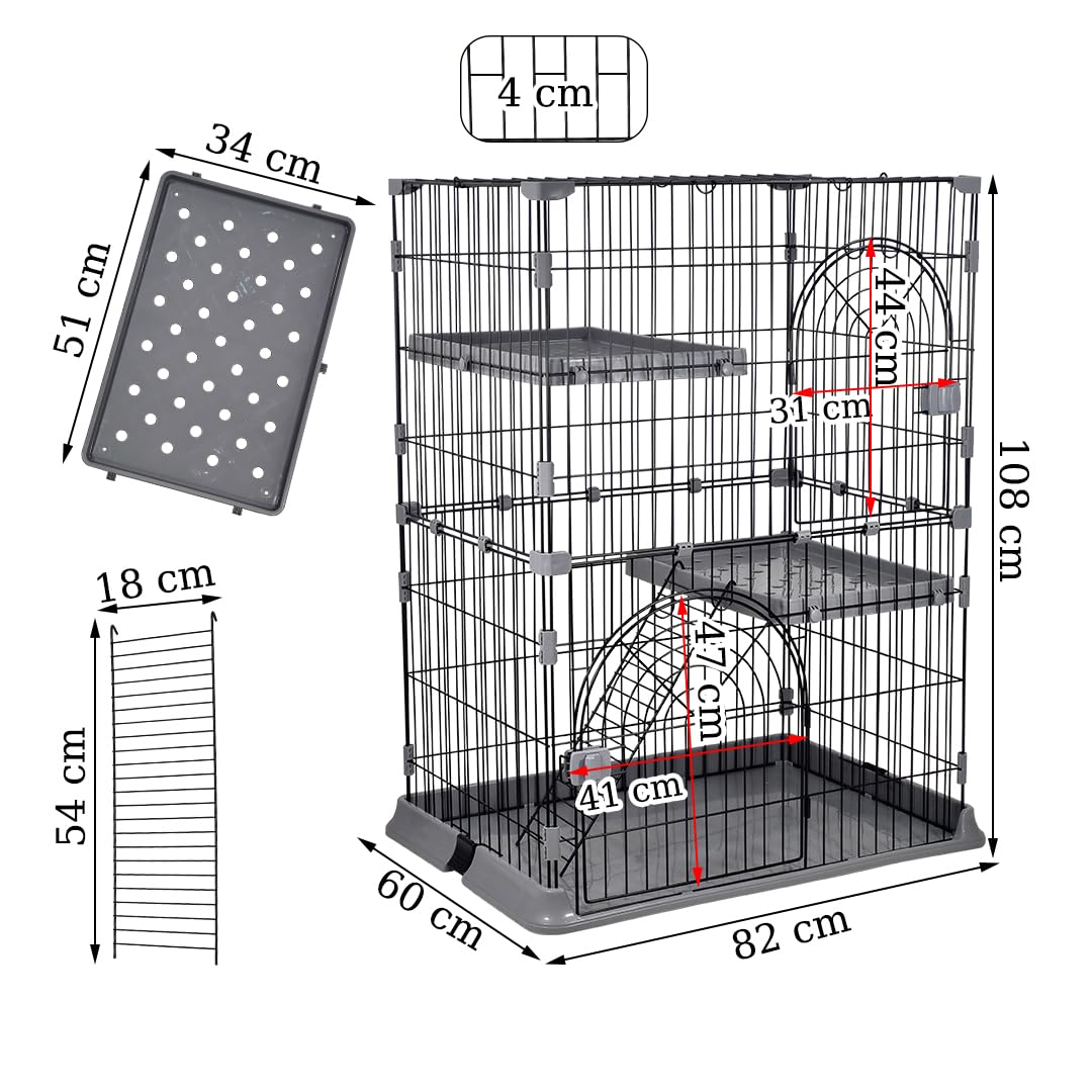 NNC PETS Cat Cage Kennel with 2-lockable Doors - 2-Tiier Metal Wire Pet Cat House Playpen for Indoor Cats - Cozy Hammock, Climbing Ladder, Drawer Tray & Universal Wheels, Easy Assembly (Grey, 108 cm)