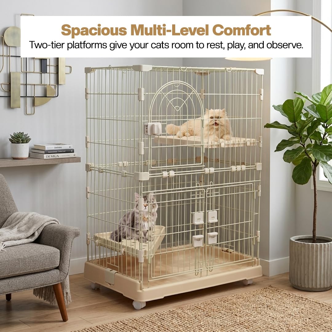 Cat Cage with Rolling Casters, Elevated Lounging Platforms, Secure Locking Doors, and Leak-Proof Base, Heavy-Duty Metal Cat Enclosure for Indoor Cats & Kittens, Easy to Assemble, 101 cm, Beige