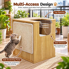 Wooden Cat Tree House with Sisal Scratching Panel, Soft Cushion, Clear Acrylic Door and Ventilation Slots, Indoor Cat Condo, 50 cm, (Beige)