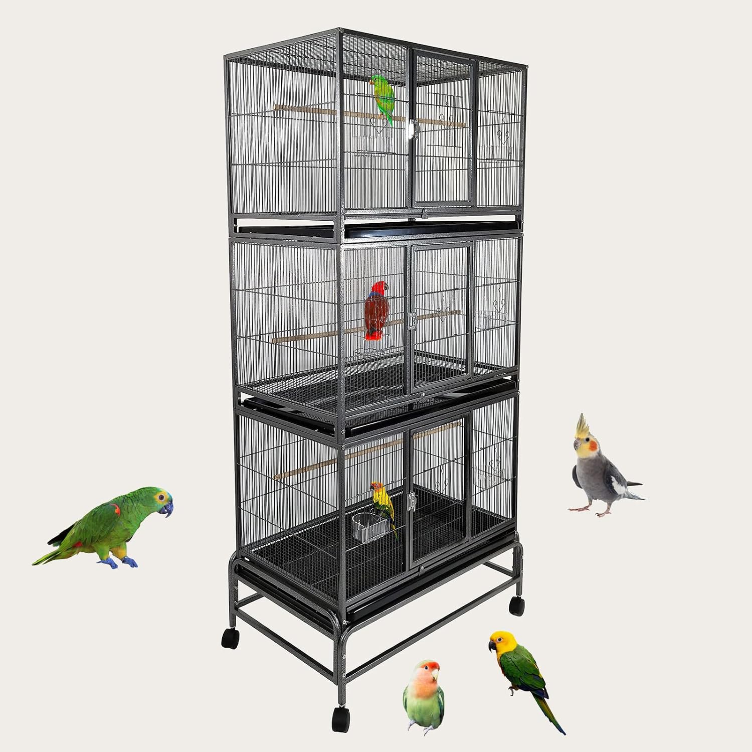 Bird Cage, Parrot cage, Metal Cage with Plastic base, Multiple compartments cage, Birds Village, Birds House, Indoor use, Easy to Assemble, Black color metal bars, 180 cm height
