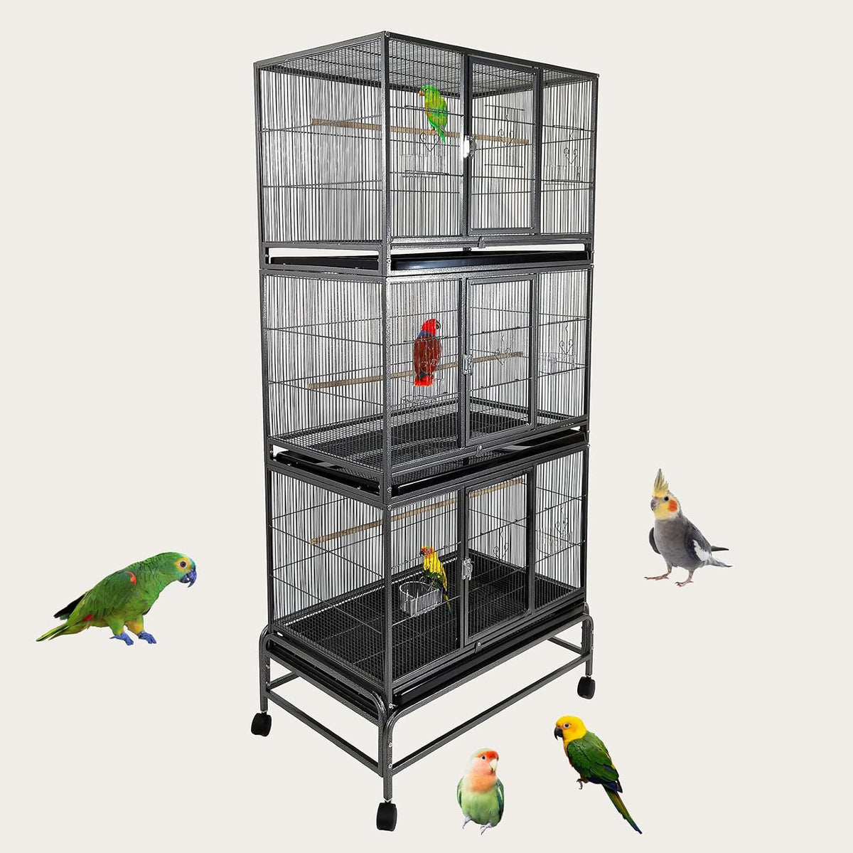 Bird Cage, Parrot cage, Metal Cage with Plastic base, Multiple compartments cage, Birds Village, Birds House, Indoor use, Easy to Assemble, Black color metal bars, 180 cm height