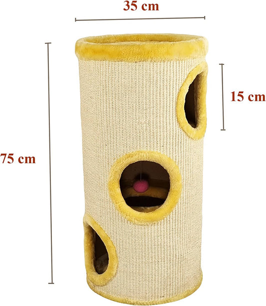 Cylinder cat tree activity center for indoor cats, Multi-level cat climbing tree with Dangling ball, Sisal scratching post, and Comfortable cat beds, Easy to assemble 75 cm (Yellow)