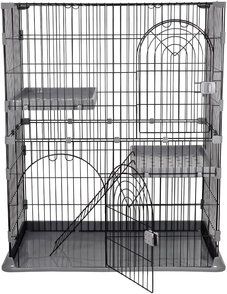 Cat cage with Durable metal wire, Wide plastic perch, Lockable door, and Climbing ladder, double-layer cat cage enclosure for Cats & Kittens, Suitable for indoor/outdoor use 117 cm (Grey)