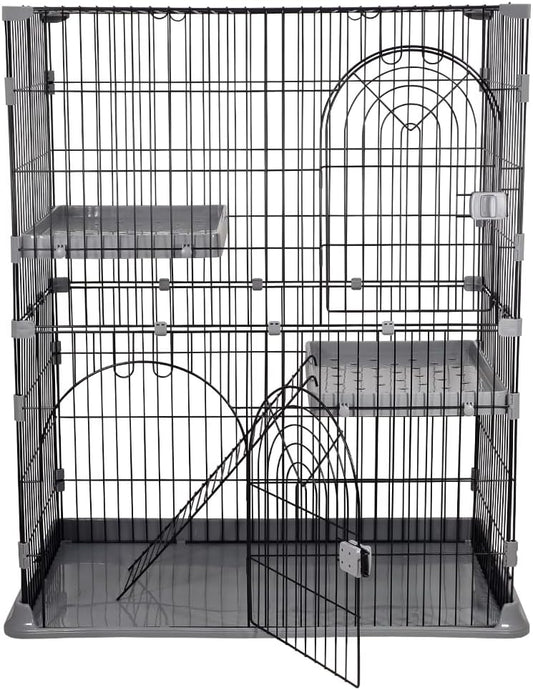 Cat cage with Durable metal wire, Wide plastic perch, Lockable door, and Climbing ladder, double-layer cat cage enclosure for Cats & Kittens, Suitable for indoor/outdoor use 117 cm (Grey)