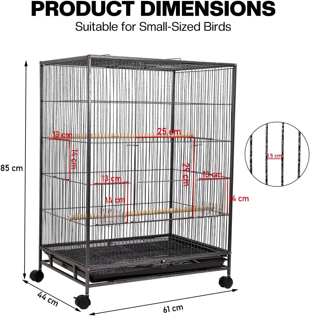 Bird cage for Small to Medium birds, Wrought iron bird cage with Open-top design, Feeding cups, Wooden Perches, Slide-out tray, and Universal wheels, Ideal for Indoor/Outdoor use, 85 cm (Black)