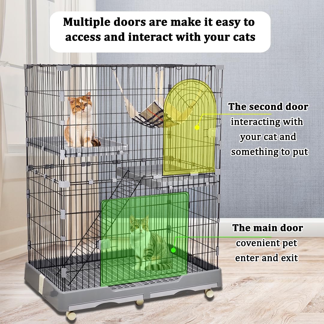 Cat cage with Wide platforms, Cozy hammock, Climbing ladder, Slide-out tray, and Universal wheels, 2-layer metal wire cat cage for Multi-cat households, Ideal for indoor/outdoor 132 cm (Grey)