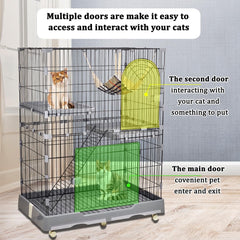 Cat cage with Wide platforms, Cozy hammock, Climbing ladder, Slide-out tray, and Universal wheels, 2-layer metal wire cat cage for Multi-cat households, Ideal for indoor/outdoor 132 cm (Grey)