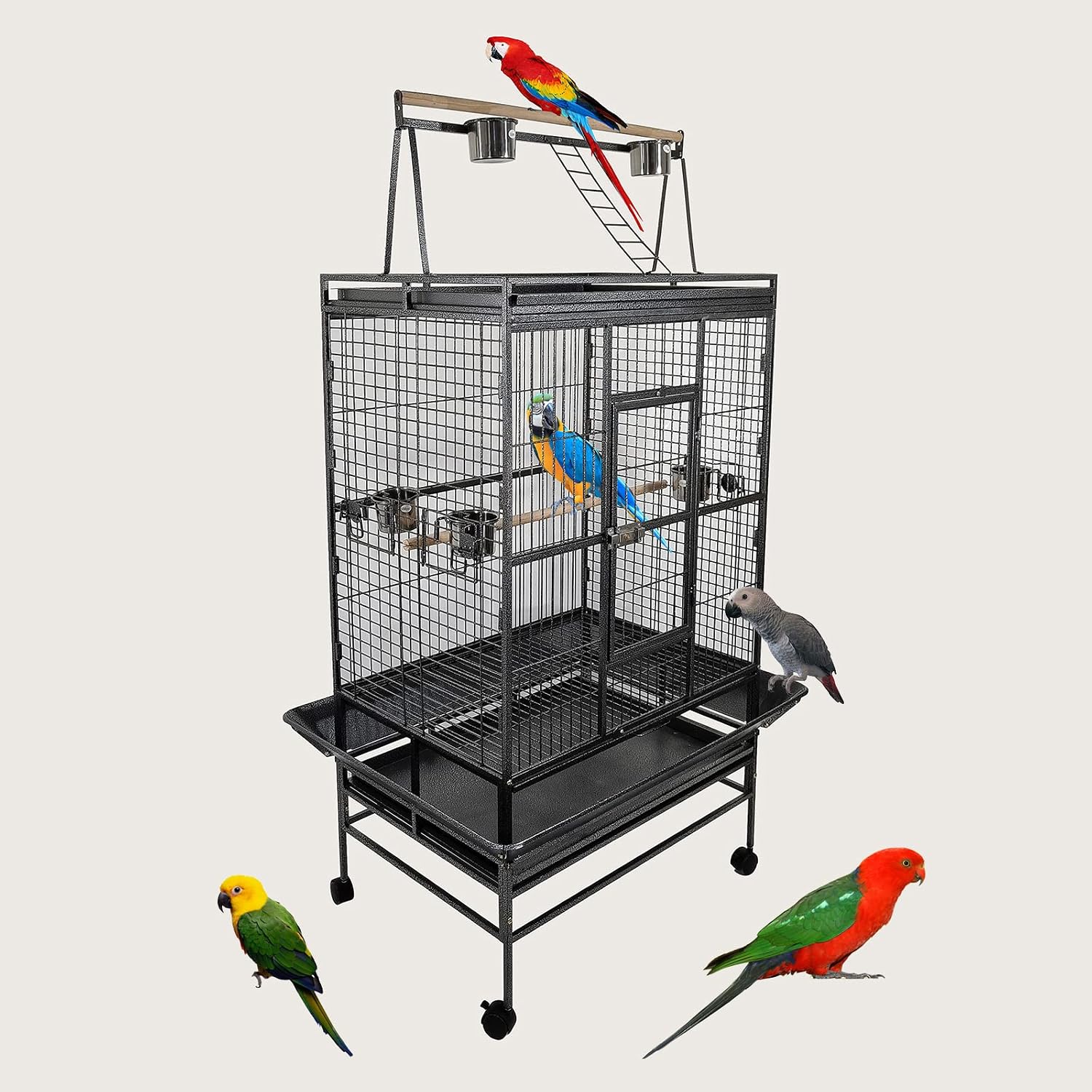 Large bird cage for Parrots, Macaws, and other birds, Spacious & Durable metal bird cage with Play-top area, Wooden perches, Feeding bowls, Removable tray, and Universal wheels 180 cm (Black)