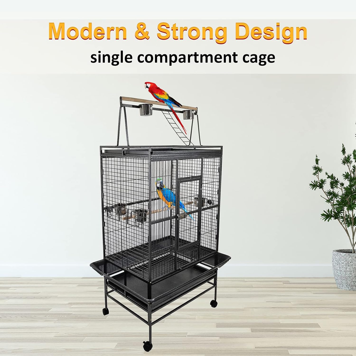 Large bird cage for Parrots, Macaws, and other birds, Spacious & Durable metal bird cage with Play-top area, Wooden perches, Feeding bowls, Removable tray, and Universal wheels 180 cm (Black)