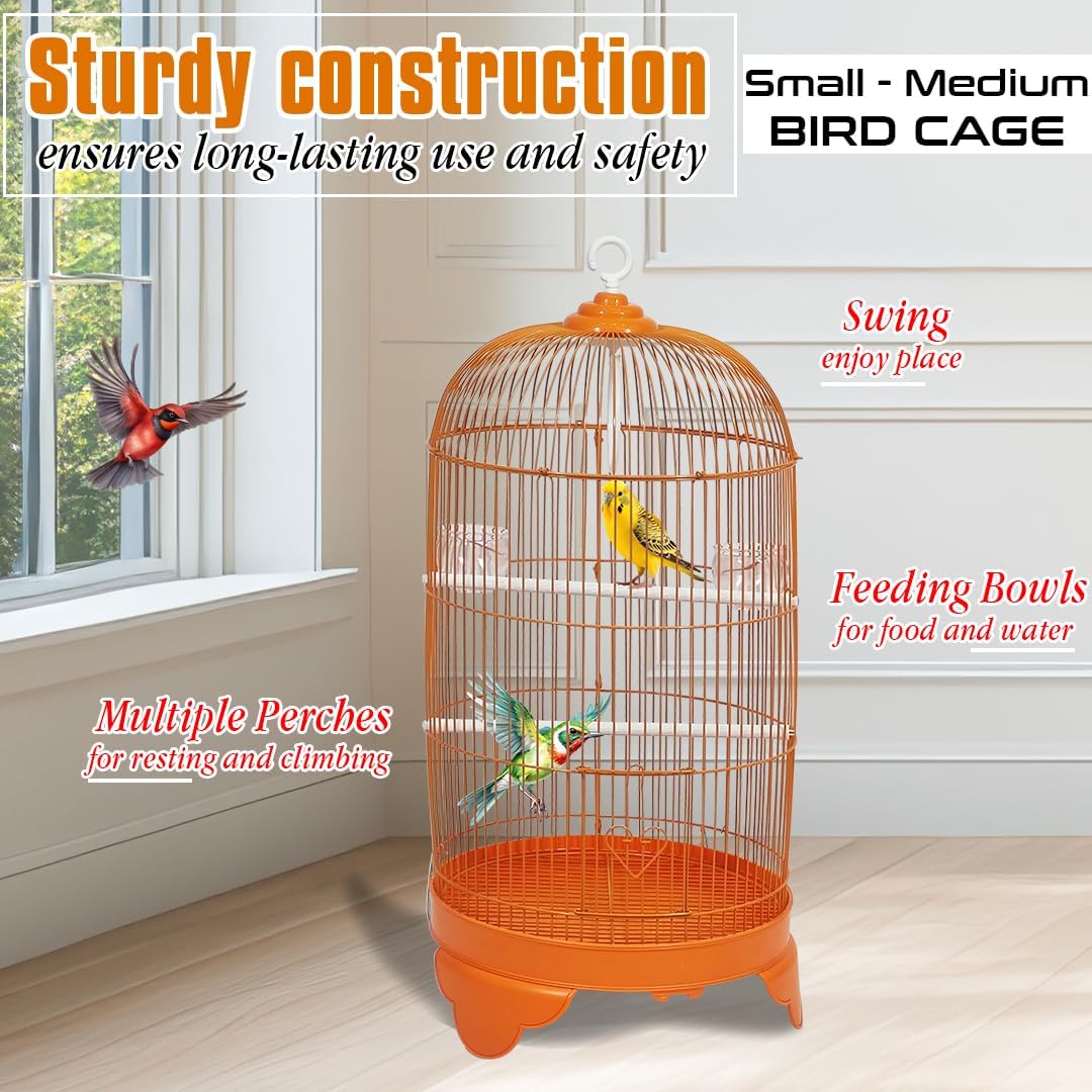 Round Bird Cage with Plastic Base, Metal Wire, Feeding Bowls, Swing, and Perches, 73 cm Travel Portable Cage for Parakeets, Canaries, and Small Birds, Indoor Outdoor Use, Convenient hook (ORANGE)