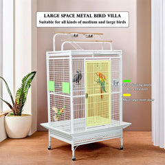 Bird Cage Indoor Large with Open-Top Design - Multiple Perches, Plastic Food Cups, Slide-out Tray & Universal Wheels, Metal Cage for Parrot, Canaries, Lovebirds & Other Birds (White, Extra Large)