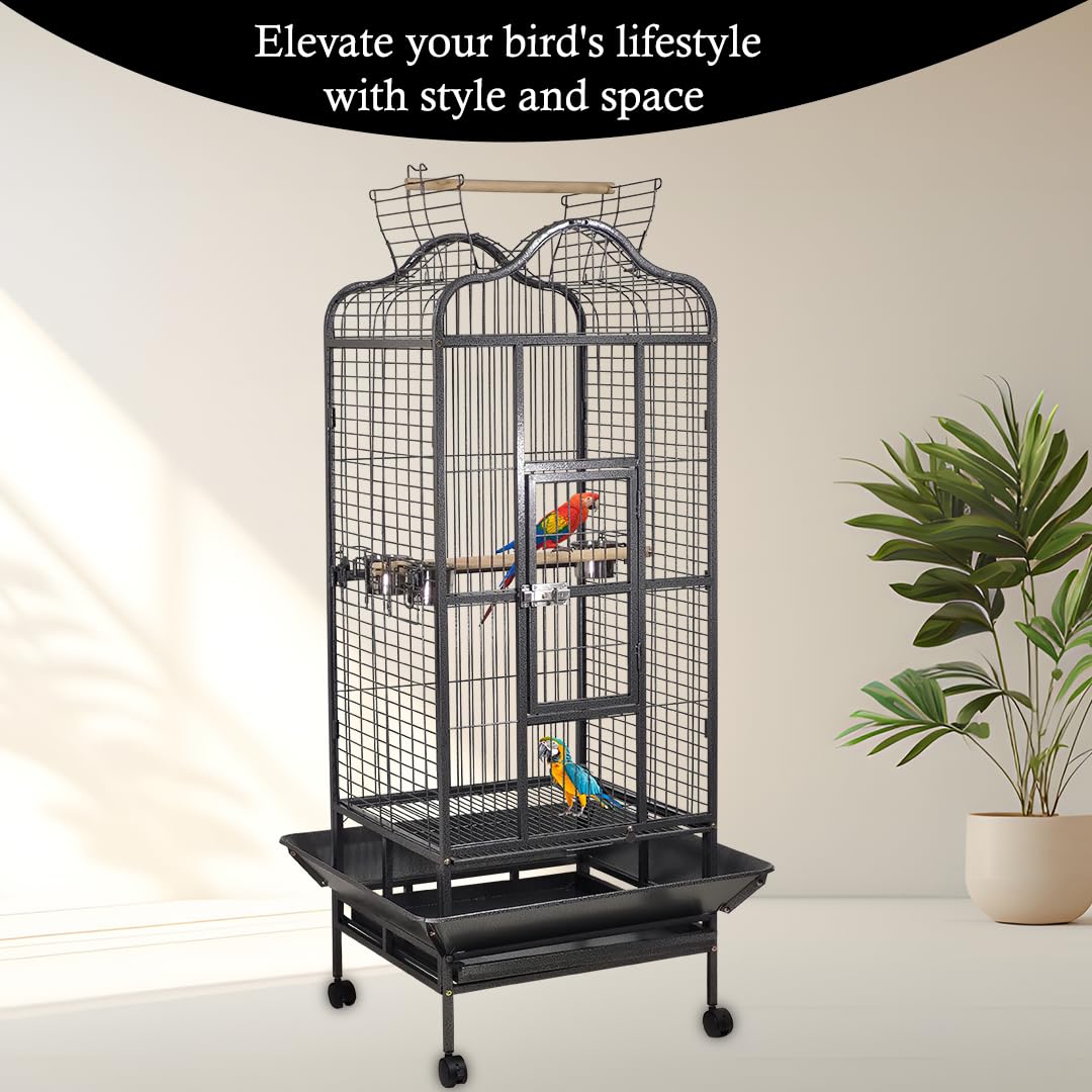 Bird Cage Large with Open-Top Design, Parrots, Parakeet, Macaw | Feeding Bowls & Wooden Perches | Removable Tray & Universal Wheels | Suitable for All Birds