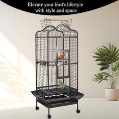 Bird Cage Large with Open-Top Design, Parrots, Parakeet, Macaw | Feeding Bowls & Wooden Perches | Removable Tray & Universal Wheels | Suitable for All Birds