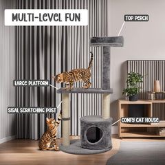 Cat tree activity center with Curved perch, Sisal scratching post, and Cozy cat condo, Durable cat tree tower for indoor cats, Multi-functional feline tower, Easy assembly 102 cm (Grey)