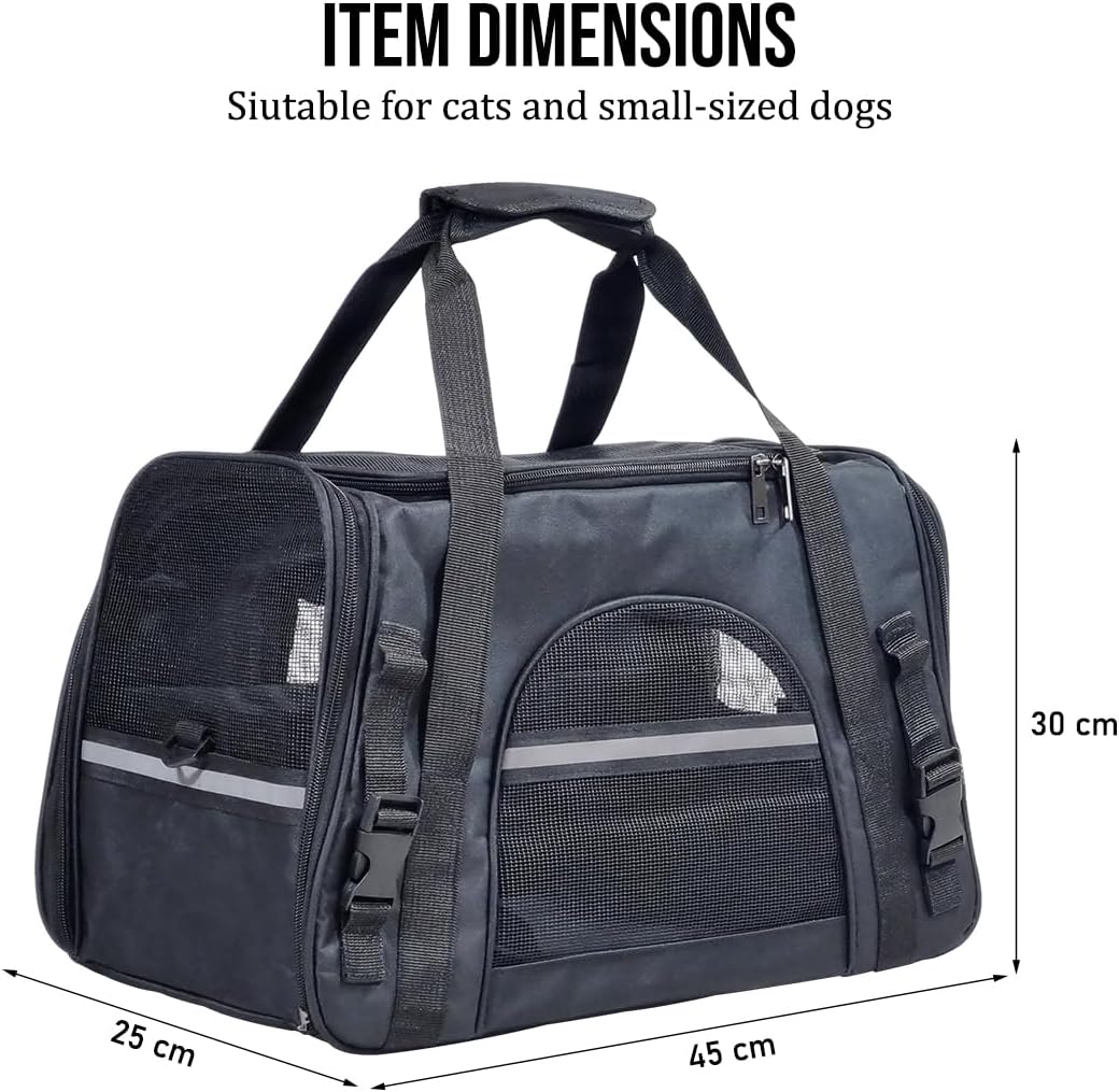 Pet carrier bag for Cats & Small dogs, Four-sided breathable cat bag with Adjustable shoulder strap, Zipper closure, Side pocket, and Durable polyester material, Ideal for Outdoor travel 45 cm (Black)