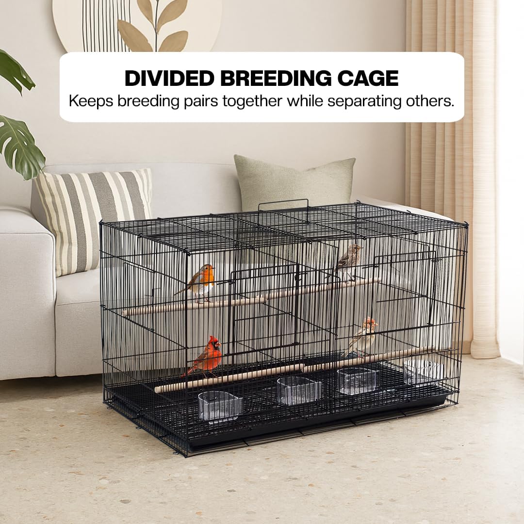 Bird cage with Divider, Wooden perch, Feeding cups, and Removable tray, Sturdy metal wire breeding bird cage for Small-sized birds, Suitable for Indoor/Outdoor use, 76 cm (Black)