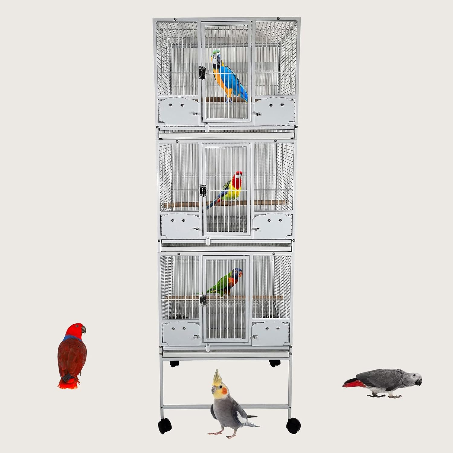 Bird cage, Multi-level bird cage with Wooden perches, Stainless steel food bowls, Removable tray, and Caster wheels, Spacious metal bird cage, Ideal for bird breedings 183 cm (White)