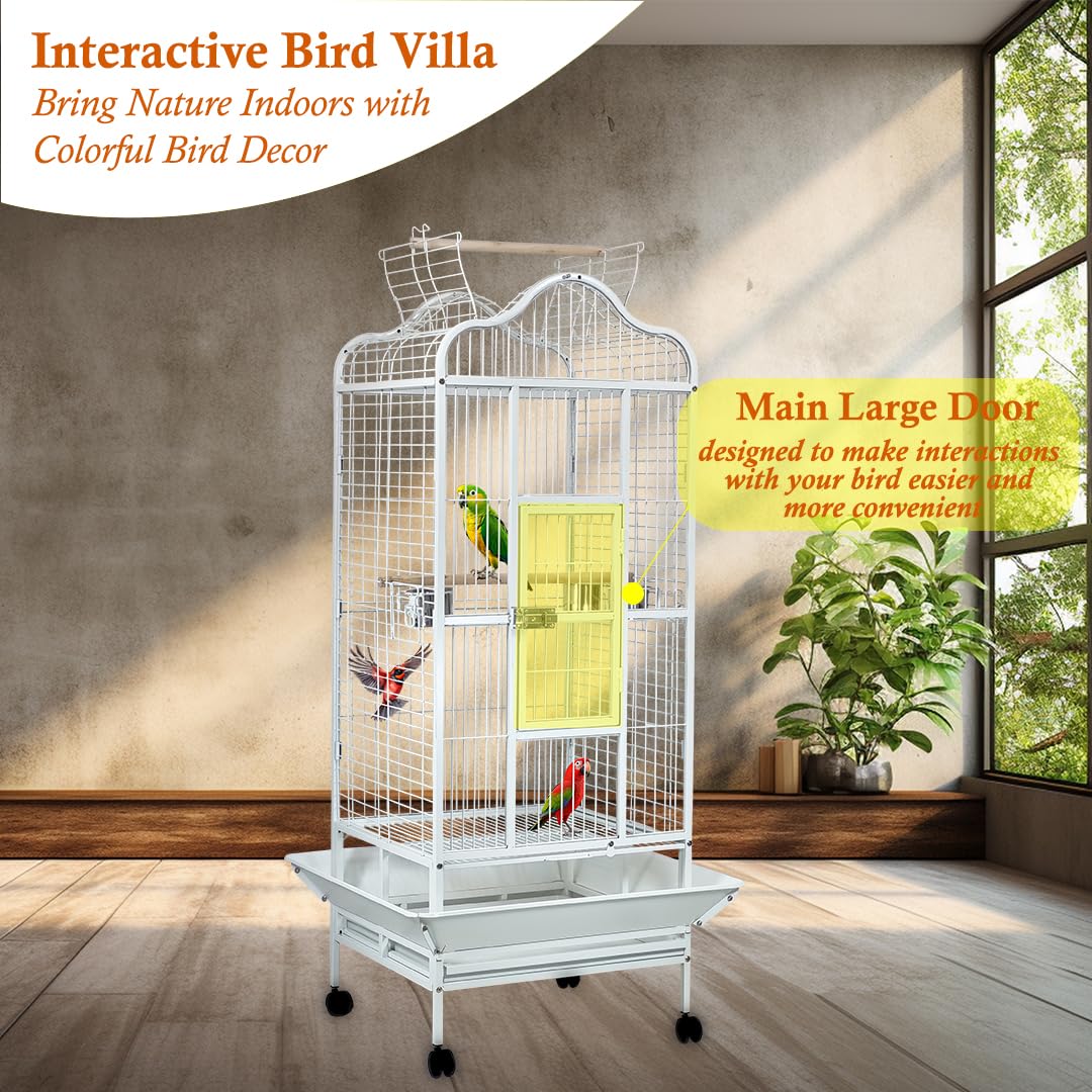 Bird Cage Large with Open-Top Design, Parrots, Parakeet, Macaw | Feeding Bowls & Wooden Perches | Removable Tray & Universal Wheels | Suitable for All Birds