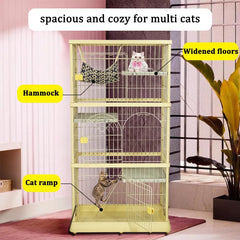 Large cat cage with 3 lockable doors, Cozy hammock, Wide platforms, Climbing ladder, and Universal wheels, Durable metal wire cat cage, Ideal for Multi-cat households, Easy assembly 172 cm (Yellow)